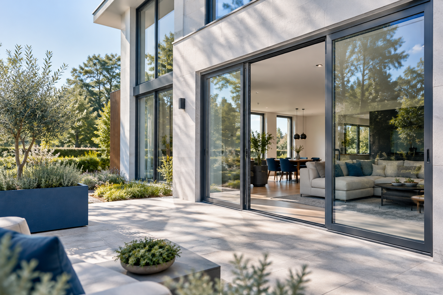 Moderne woning met slanke aluminium kozijnen en grote raampartijen in daglicht