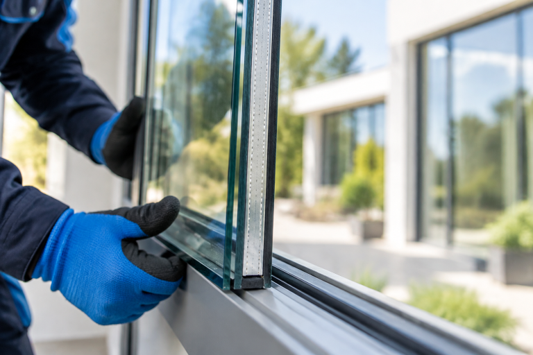 Close-up van hoogrendementsglas met zichtbare spacer tussen de glaslagen tijdens installatie in een kozijn