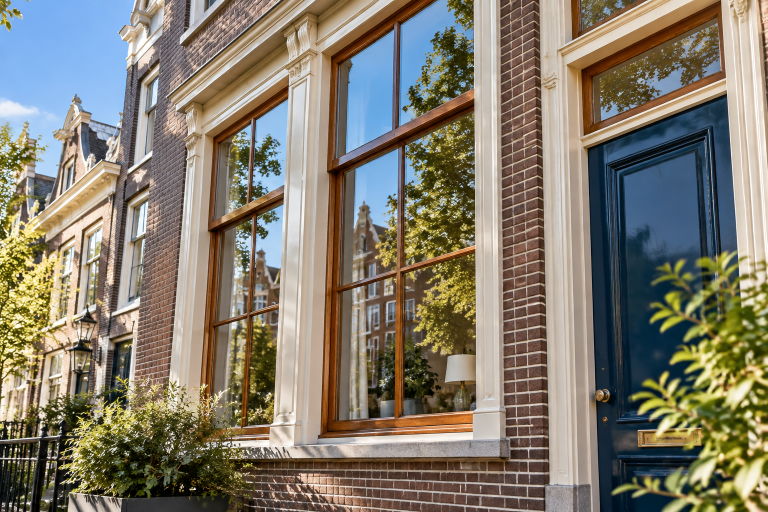 Houten kozijnen in een klassieke woninggevel met daglicht