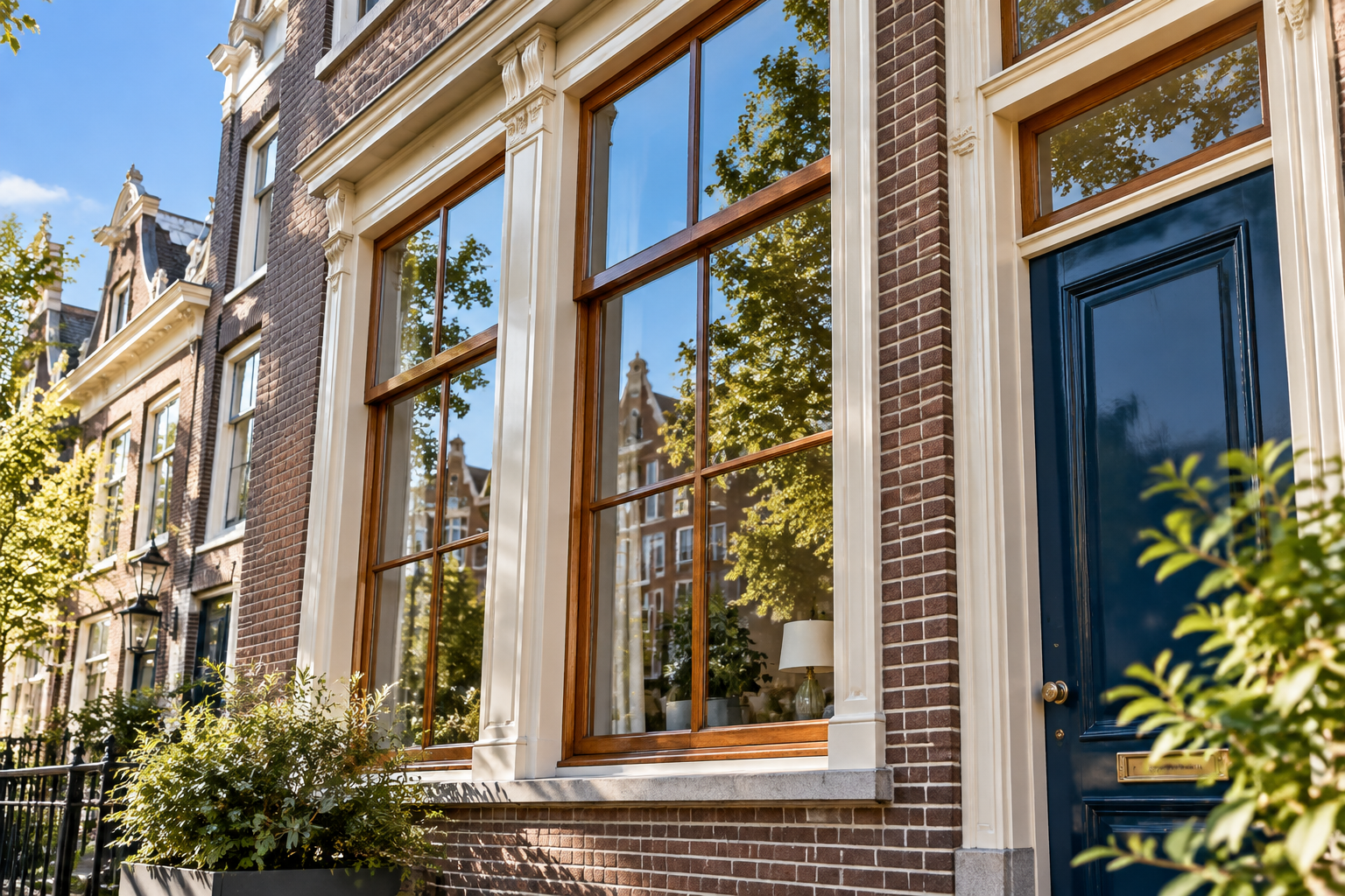 Houten kozijnen in een klassieke woninggevel met daglicht