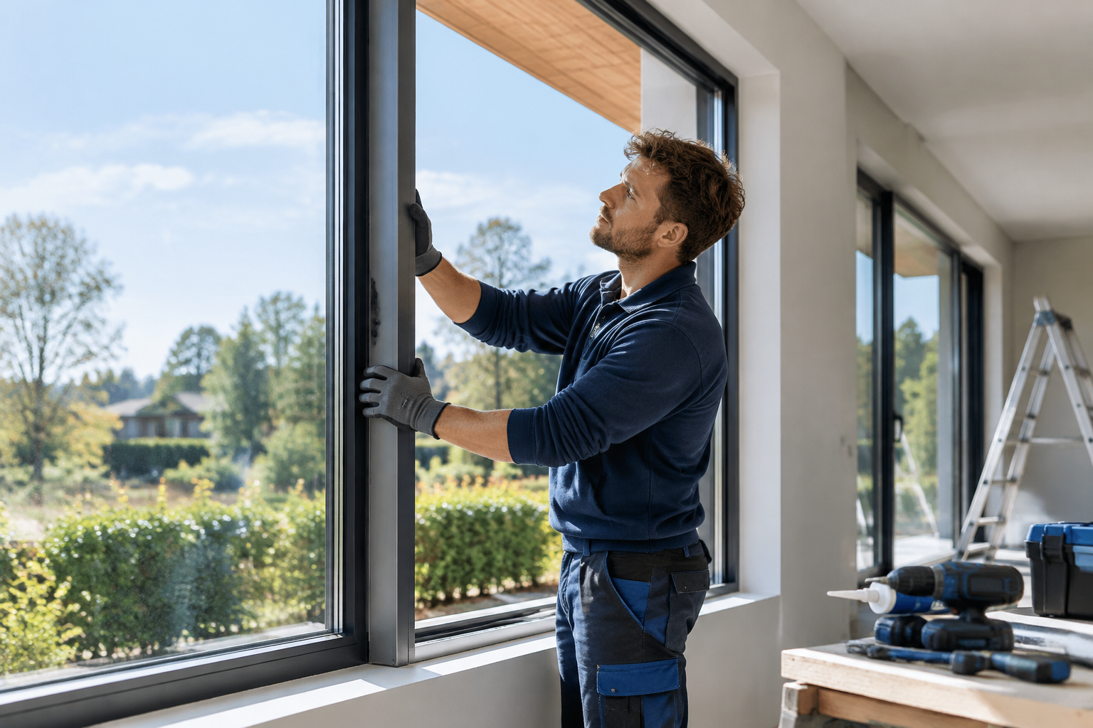 Vakman plaatst een aluminium kozijn in de gevel van een modern woonhuis bij daglicht