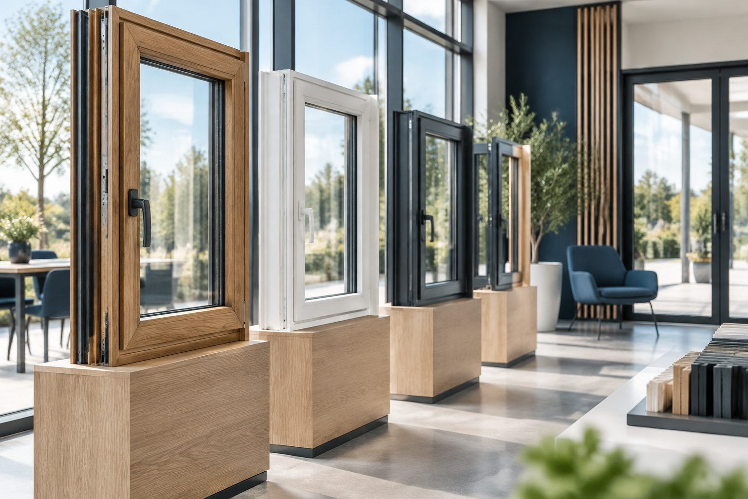 Lichte showroom met verschillende kozijnen in hout, kunststof en aluminium opgesteld onder daglicht