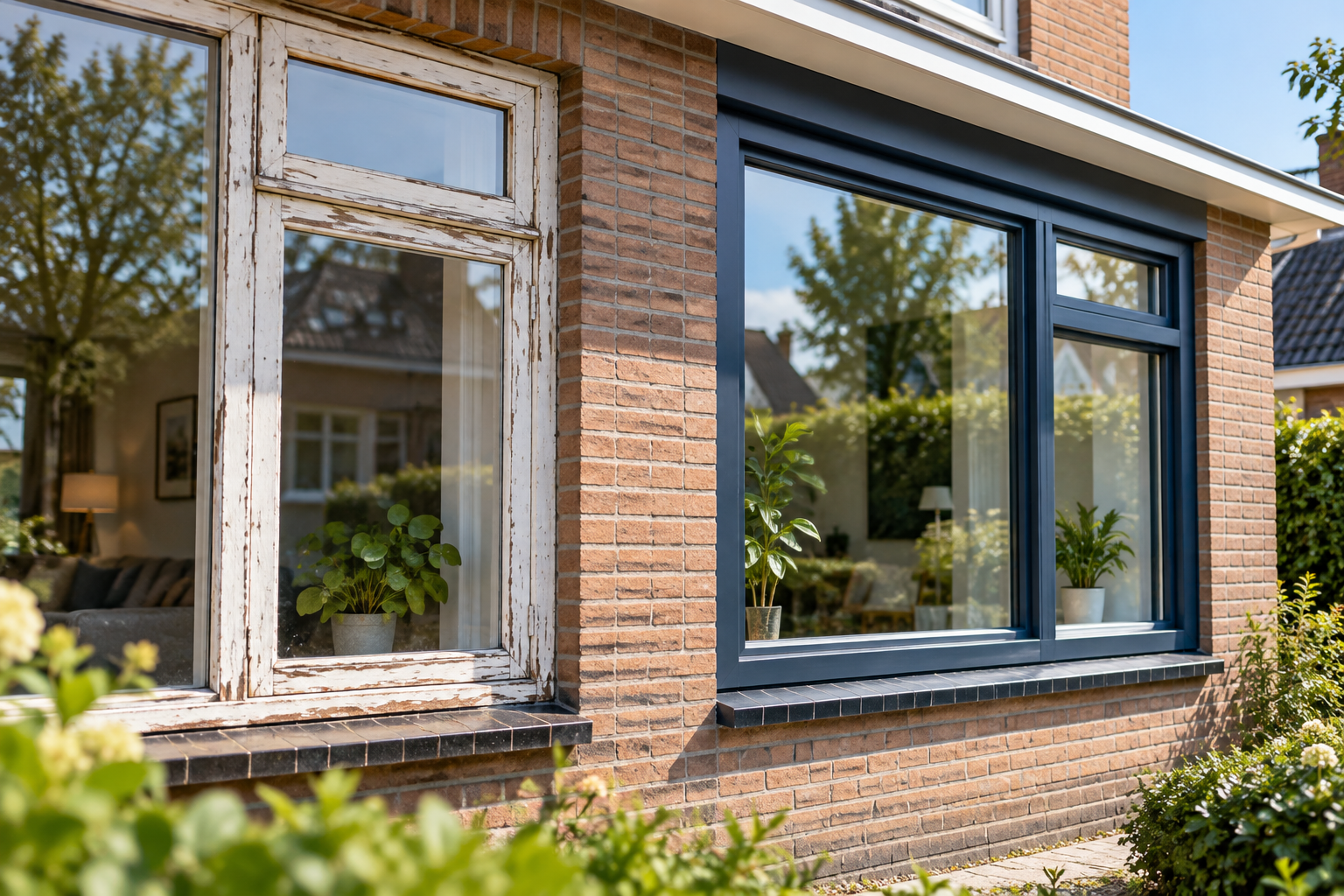 Gevel van een woning met oude en nieuwe kozijnen naast elkaar in daglicht