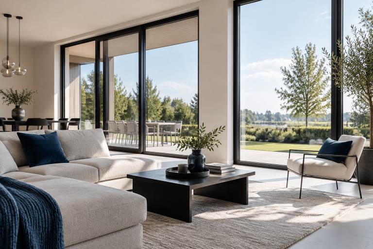 Strak zwart steellook kozijn met smalle profielen laat veel daglicht binnen in een moderne woonkamer.