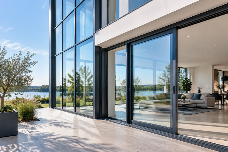 Moderne glazen gevel met vliesgevel en schuifpui in een gebouw
