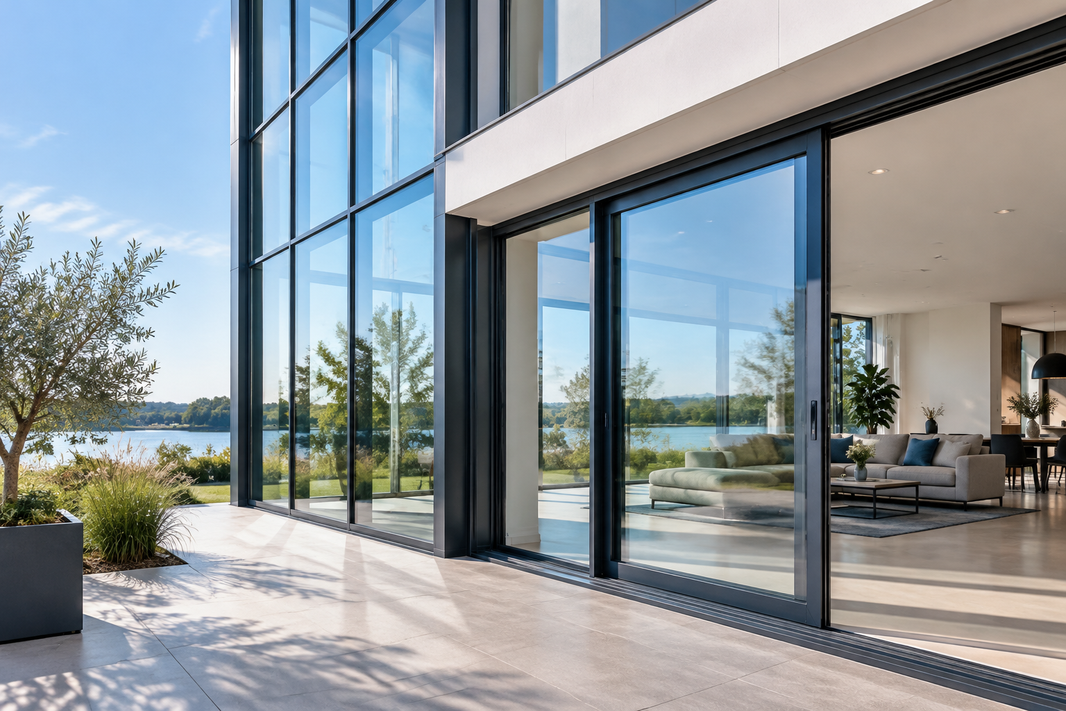 Moderne glazen gevel met vliesgevel en schuifpui in een gebouw