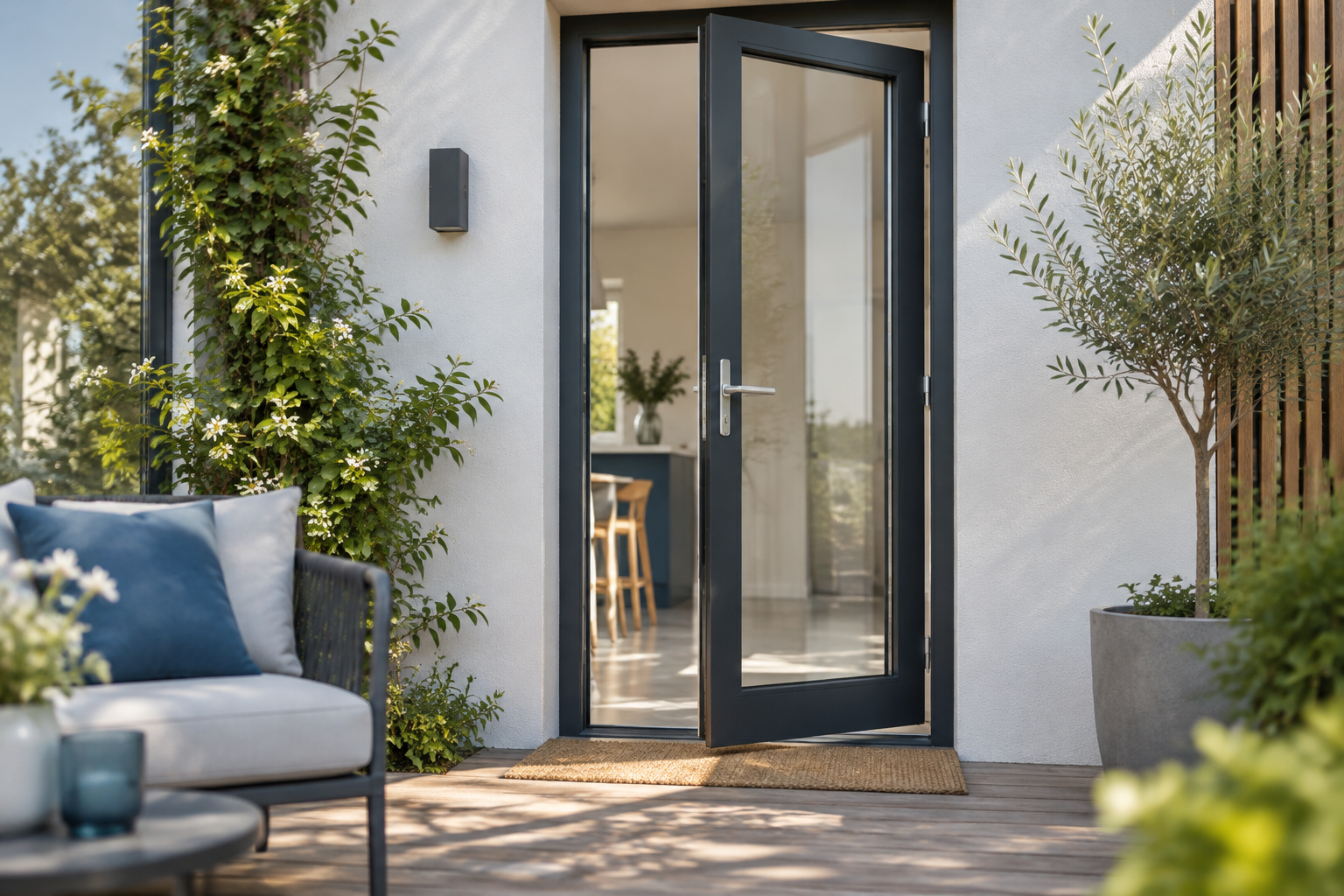 Moderne achterdeur van een woning gezien vanuit de tuin, met daglicht door het glas