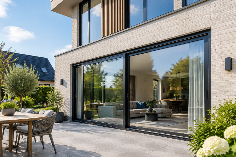Moderne woning met zwarte kozijnen in het daglicht