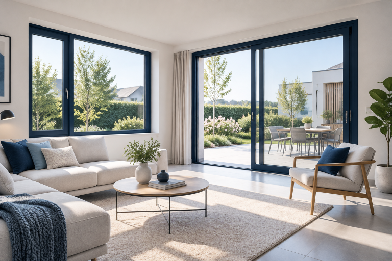 Lichte woonkamer met donkerblauw kozijn dat daglicht binnenlaat