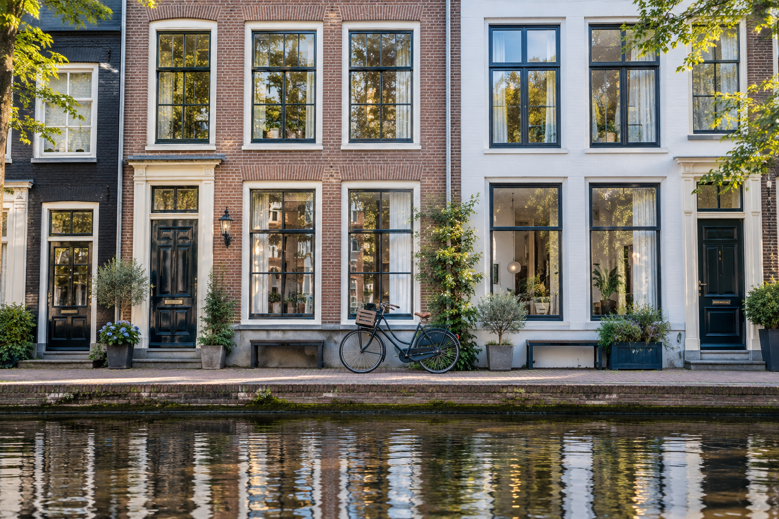 Klassieke Leidse grachtenpandgevel met verschillende kozijnmaterialen in daglicht