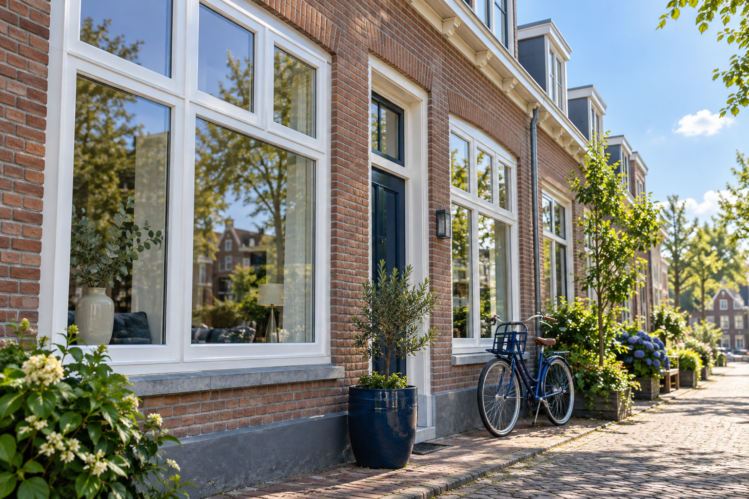 Traditionele woning met stijlvolle witte kunststof kozijnen in een rustige straat