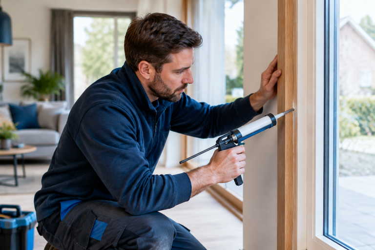 Vakman werkt de rand van een houten kozijn af met kit en afwerklijst in een lichte woonkamer